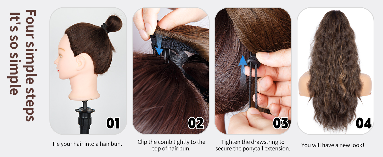Processus d'application d'une extension de cheveux en quatre étapes illustré sur une tête de mannequin, démontrant la coupe, la fixation du peigne, la fixation et le résultat final ondulé