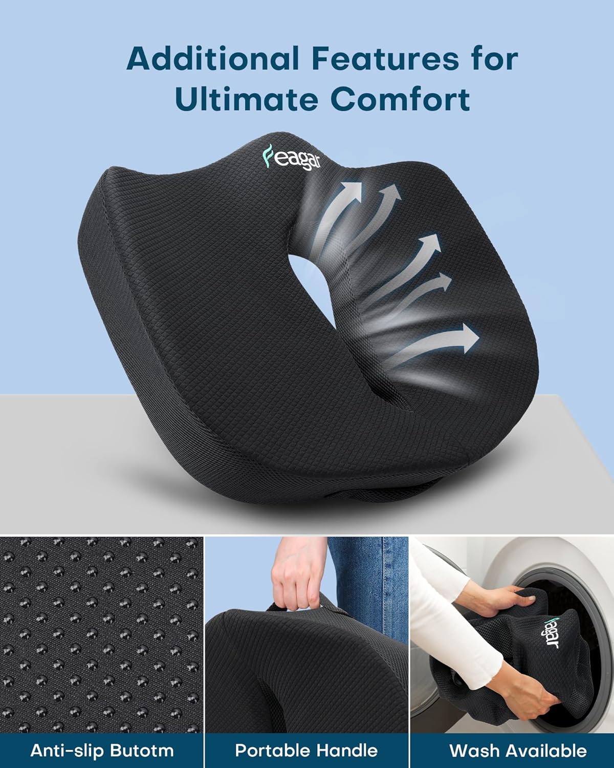 Feagar - Coussin Coccyx Série XXL - 51x46x12 cm - Mémoire de forme, ergonomique