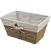 Panier ou plateau rectangulaire tressé avec intérieur blanc visible sous plusieurs angles, fabriqué en osier naturel ou en rotin.