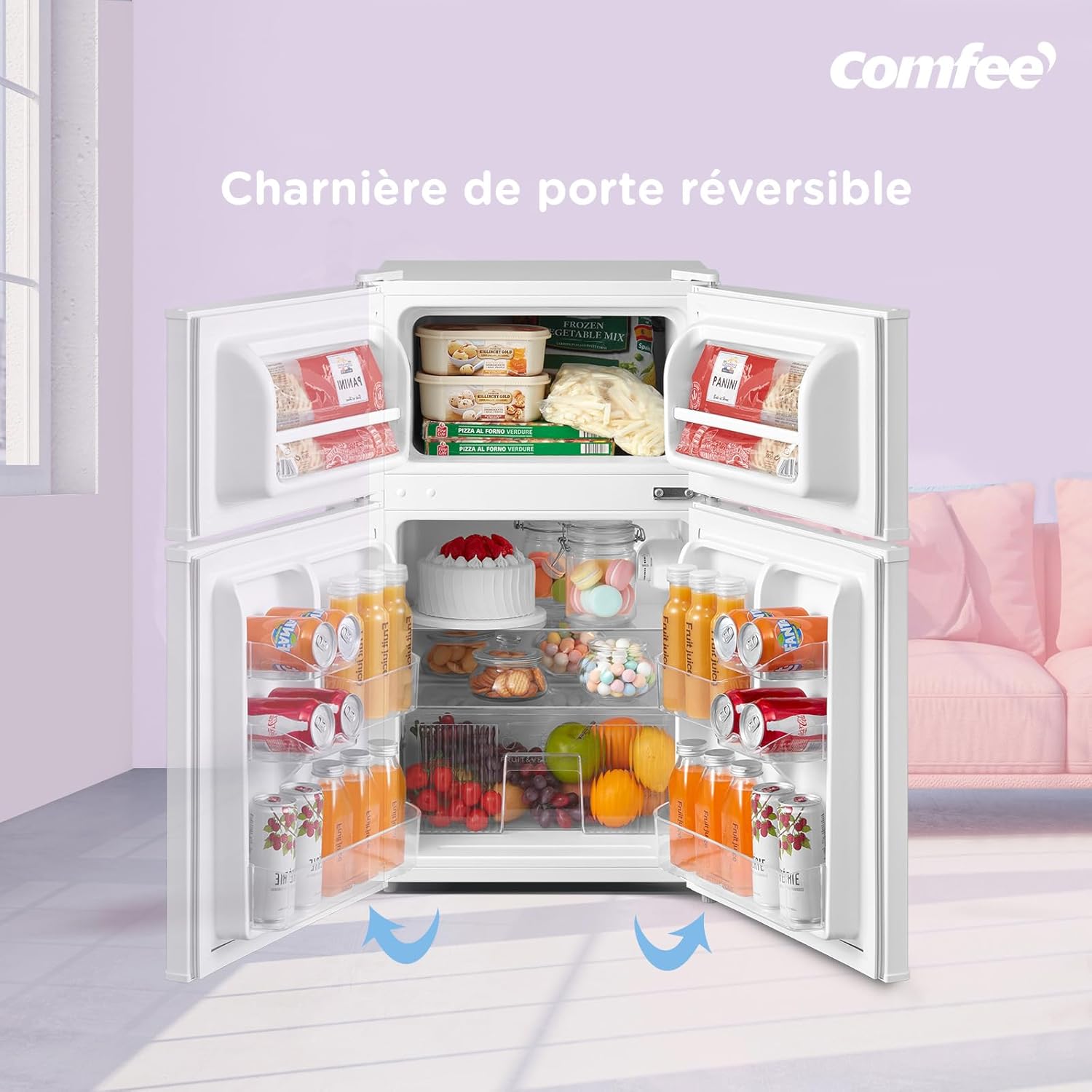 COMFEE' - réfrigérateur congélateur 87L - éclairage, étagères amovibles, portes réversibles, thermostat réglable - RCT87