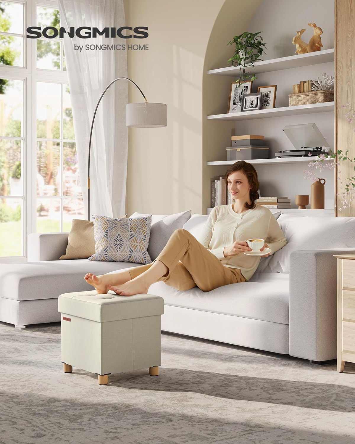 SONGMICS - Tabouret de rangement pliable 38x38x40 cm, supporte 300 kg, blanc crème LSF014W11