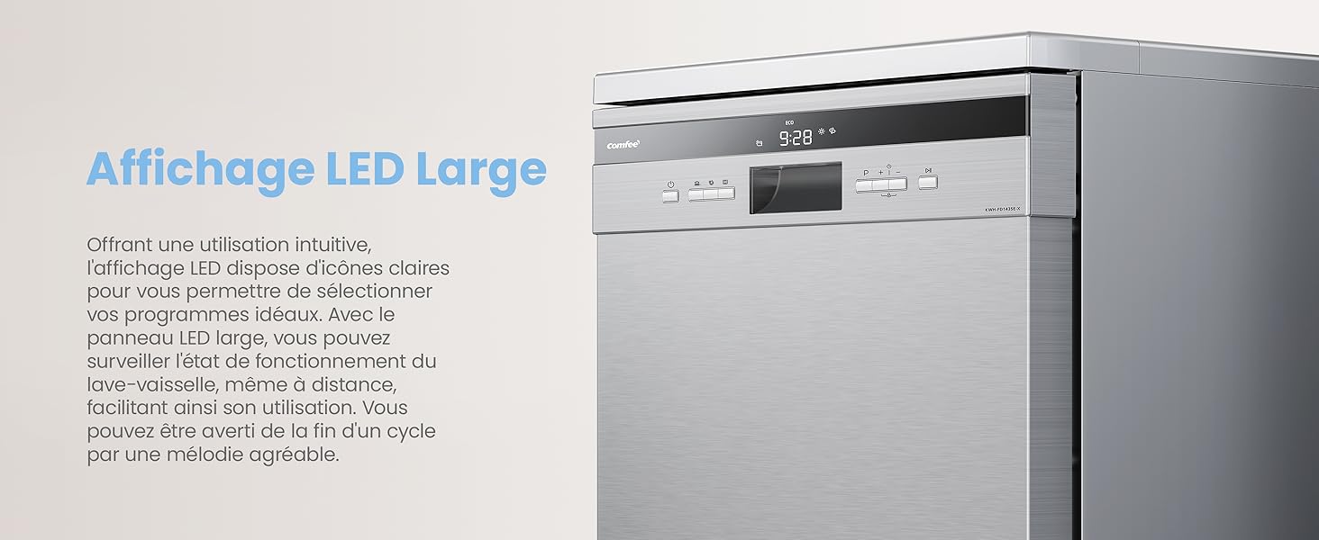 avec grand panneau d'affichage LED. Boutons de commande visibles sur le devant. Fonction d'affichage LED surlignant le texte pour une utilisation et une surveillance faciles.