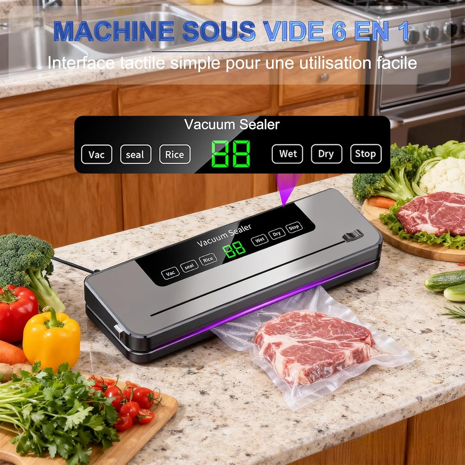 Machine sous vide alimentaire - 5 en 1 - avec 50 sacs - modes humide/sec, multifonction