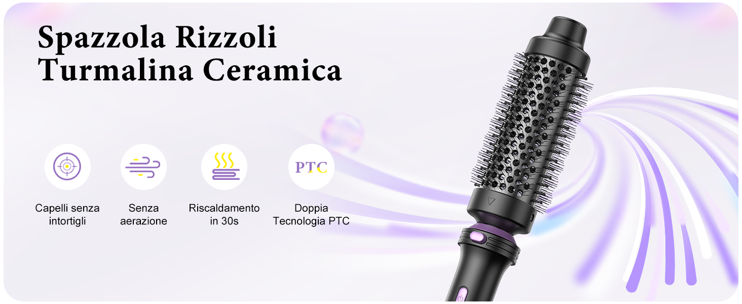 Le texte indique « Spazzola Rizzoli » et « Turmalina Ceramica ». Présentoir du produit présentant une brosse à coiffer en céramique avec des spécifications techniques et des icônes de caractéristiques.
