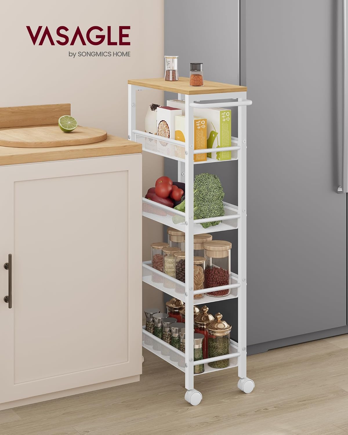 VASAGLE - desserte 5 niveaux - 22x45,4x99,6cm - acier, roulettes, poignée, compact - LRC035W09