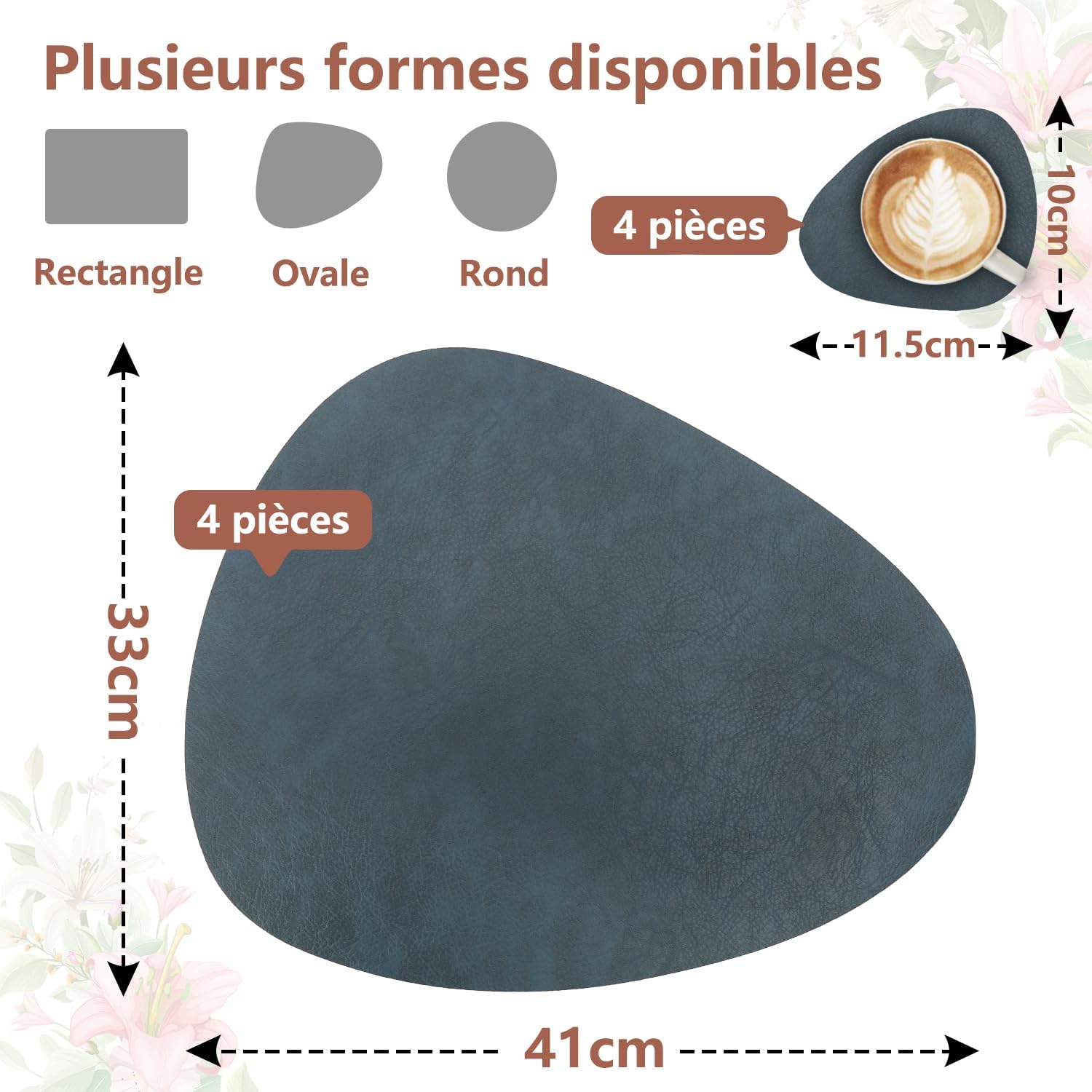 Sets de table - lot de 4, cuir PU, lavables, antidérapants, 41x33cm, bleu/jaune, ovale