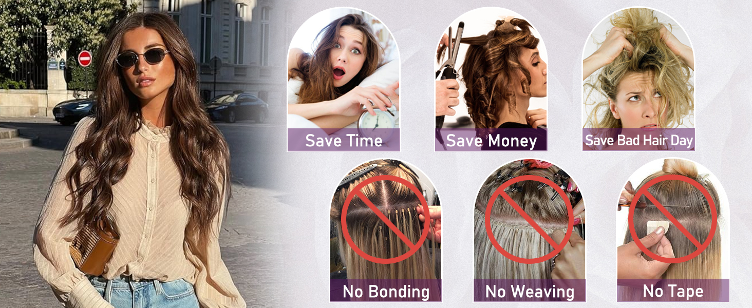 Image composite présentant de longues extensions de cheveux ondulés. Il présente des avantages tels que l'économie de temps et d'argent, la prévention des mauvaises journées de coiffure et l'absence de collage, de tissage ou de ruban adhésif pour l'application.