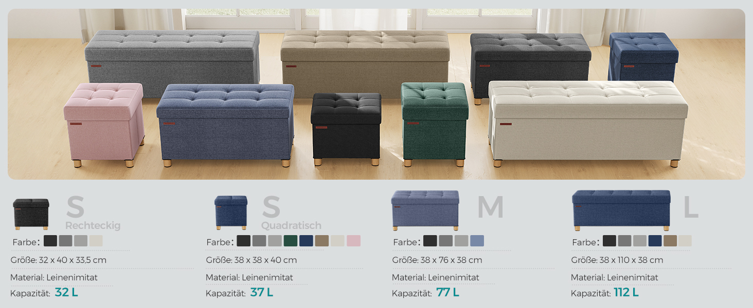 Collection de poufs de rangement de différentes tailles et couleurs, notamment gris, noir, bleu, rose et vert, avec les spécifications de taille indiquées ci-dessous.