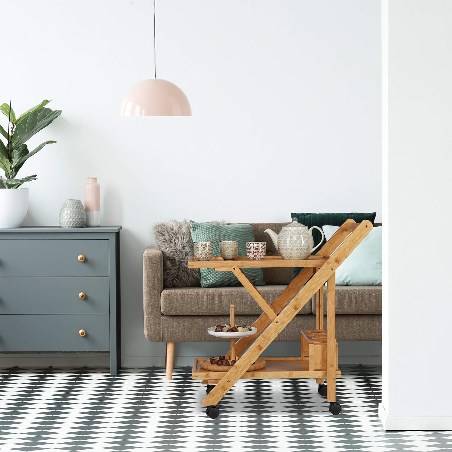 Relaxdays - desserte pliante bambou, 70x40,5x65cm, brun/noir