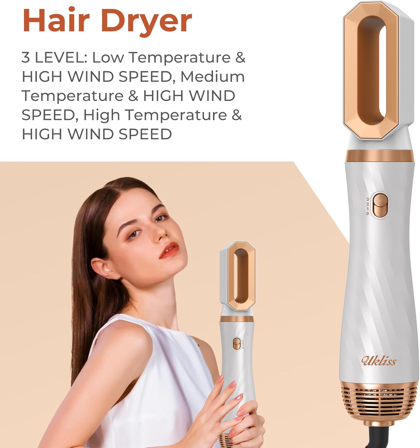 UKLISS - Airbrush 6 en 1 - Séchage, lissage, boucle - Blanc