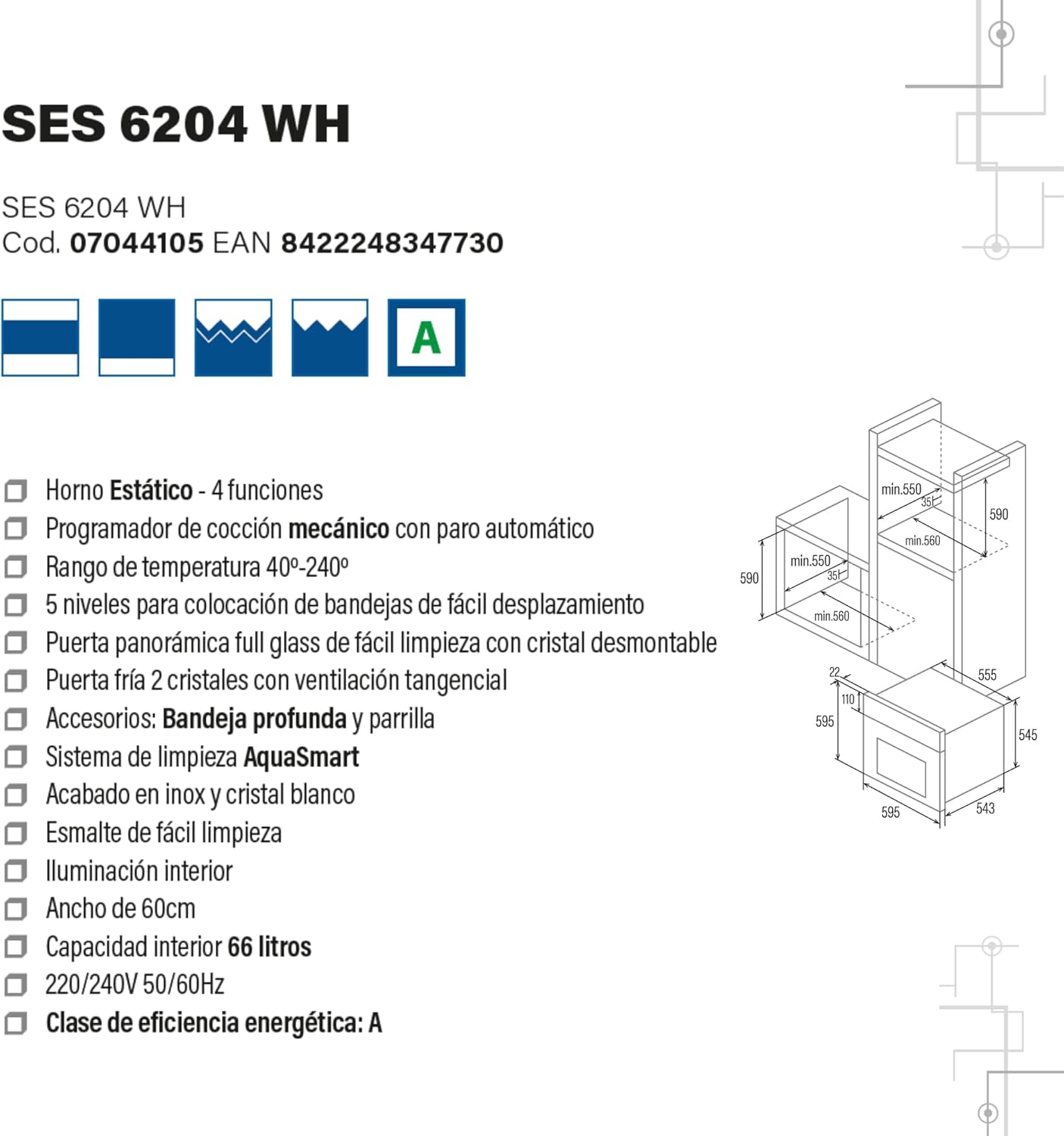 Cata - Four statique série SES - 60cm - 66L, 4 fonctions, blanc - SES6204WH