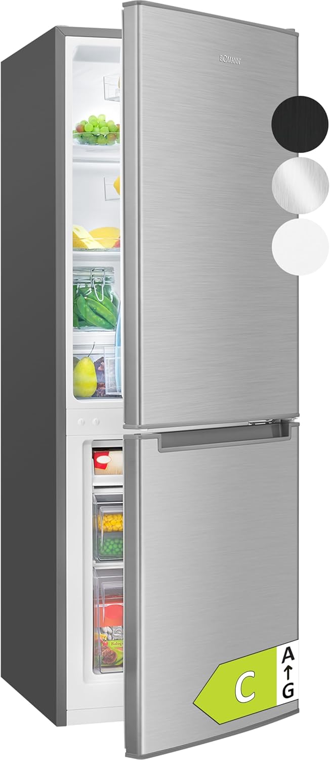 Bomann - réfrigérateur combiné inox 142,5x49,5x56 cm - 173L, LED, alarme, économie KG7359