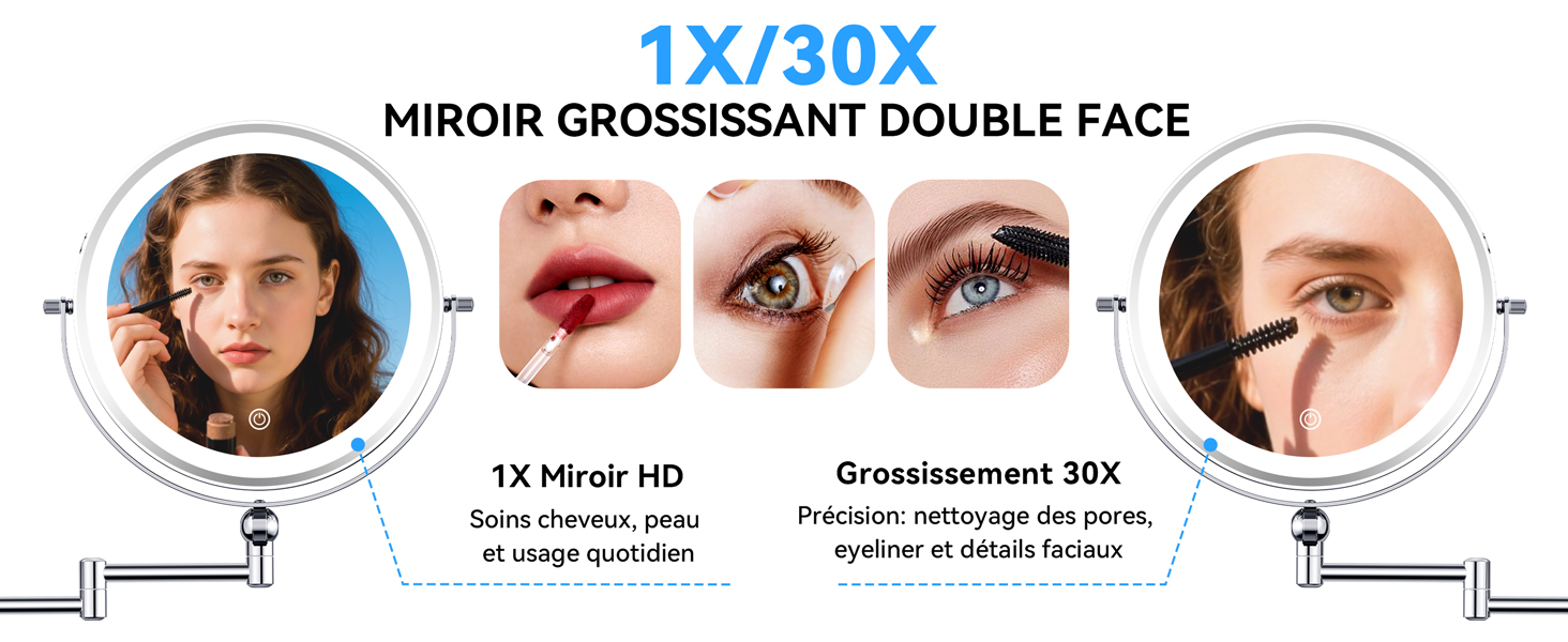 Le texte indique « MIROIR GROSSISSANT DOUBLE FACE ». Schéma d'instructions illustrant l'utilisation du miroir grossissant double face avec plusieurs angles de vision.