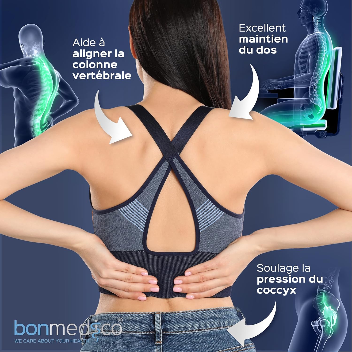 Coussin ergonomique mémoire de forme, large, bleu, soulage sciatique et lombaire