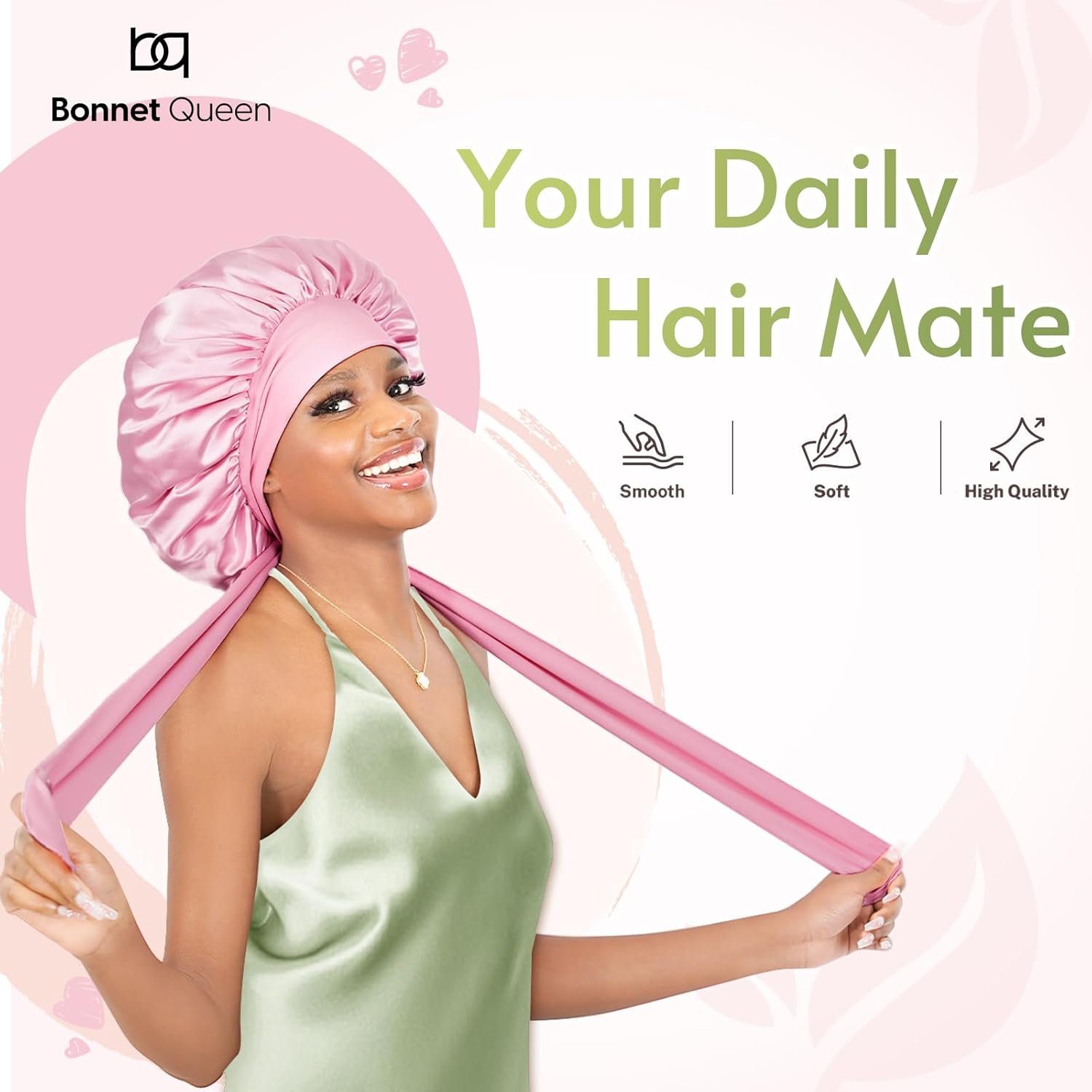 BONNET QUEEN - bonnet satin moyen - ajustable, long élastique, rose