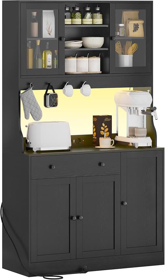 Meuble buffet cuisine - 103,5x40x180 cm - LED, multiprise, rangements