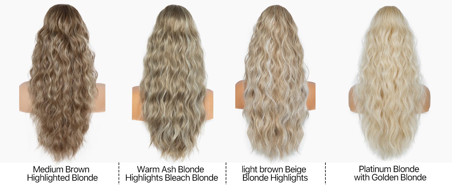 Quatre extensions de cheveux longs et ondulés de différentes nuances, du brun moyen au blond platine, avec des noms de couleurs étiquetés en dessous de chacune