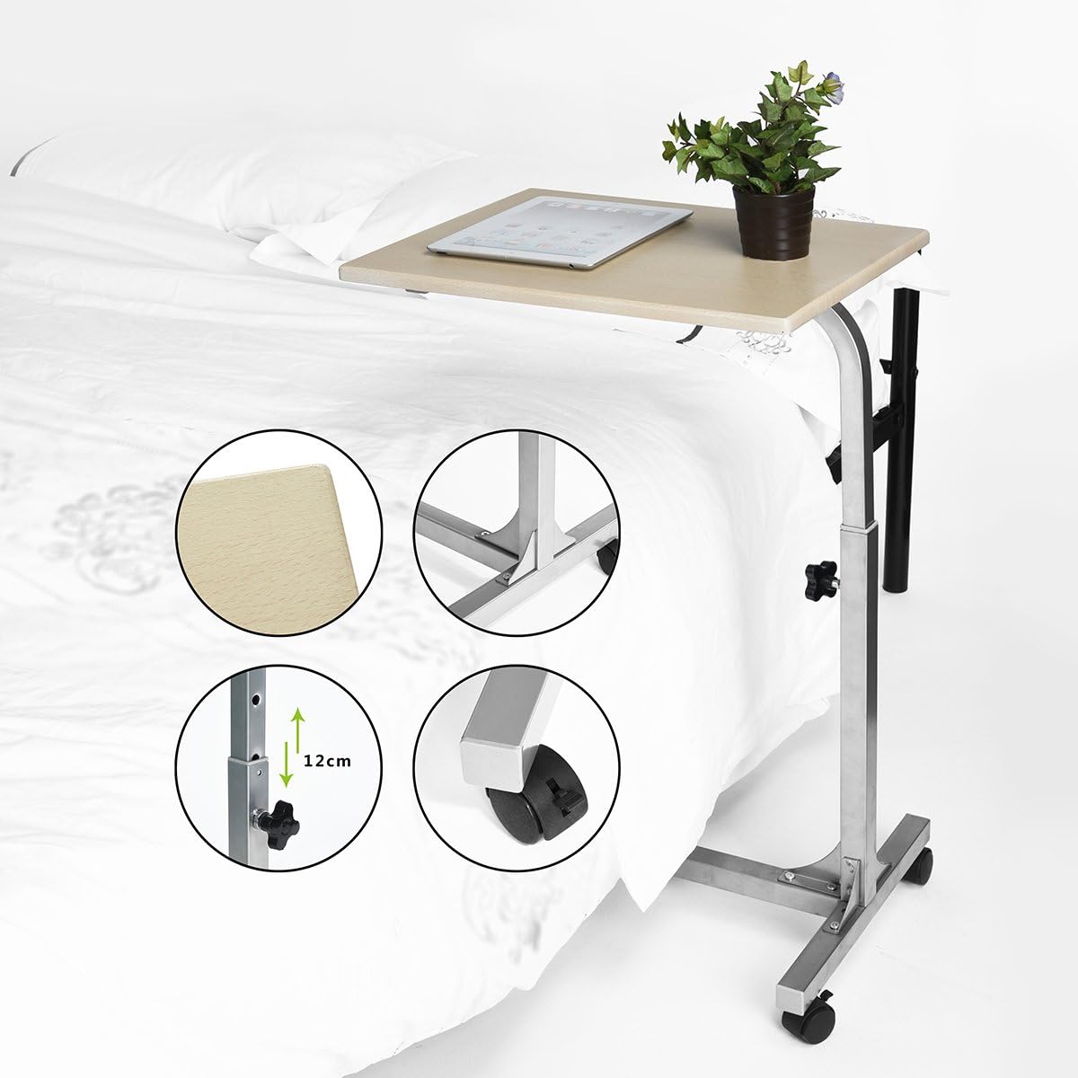 MEUBLE COSY - Table de Lit réglable sur roulettes - 48x37x79cm - support PC chêne