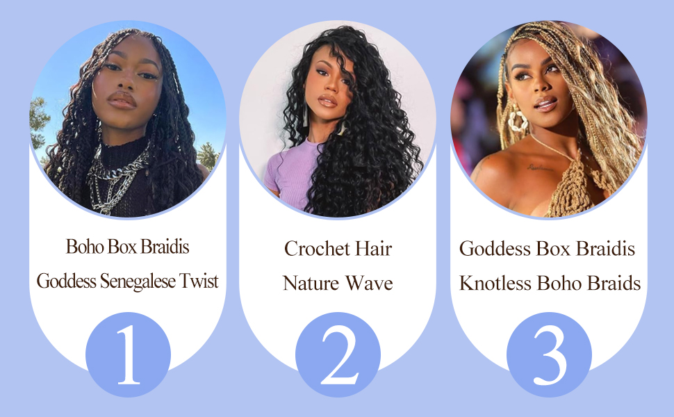Trois images circulaires présentant différentes coiffures : Boho Box Braids Goddess Senegalese Twist, Crochet Hair Nature Wave et Goddess