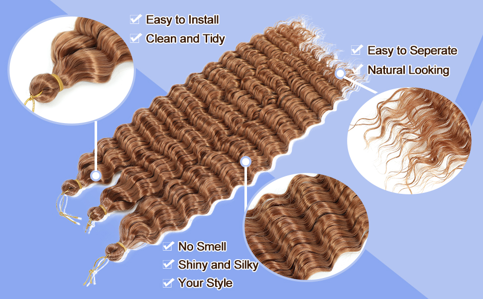 Extensions de cheveux bouclés de couleur marron clair. Plusieurs vues montrant la texture, la facilité d'installation et l'aspect naturel. Le texte met en évidence des fonctionnalités telles que « Facile à installer » et « Apparence naturelle »