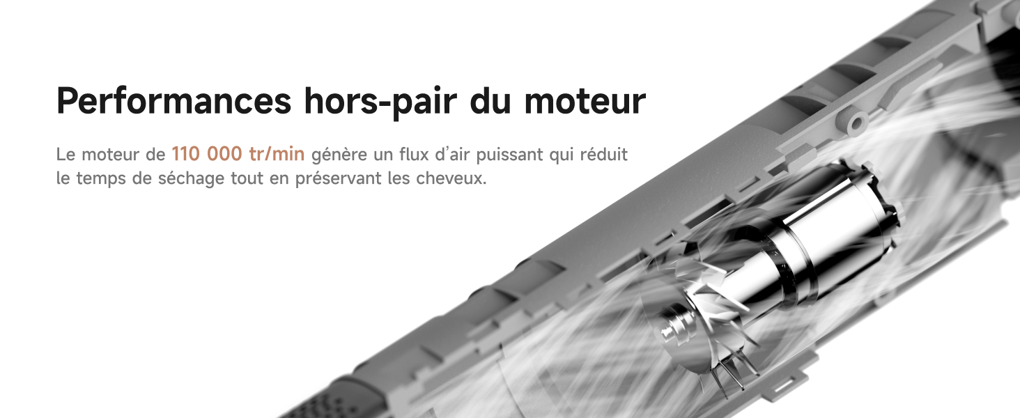 Le texte se lit comme suit : « Performances hors-pair du moteur ». Illustration technique montrant les composants mécaniques internes d'un moteur ou d'un système moteur.