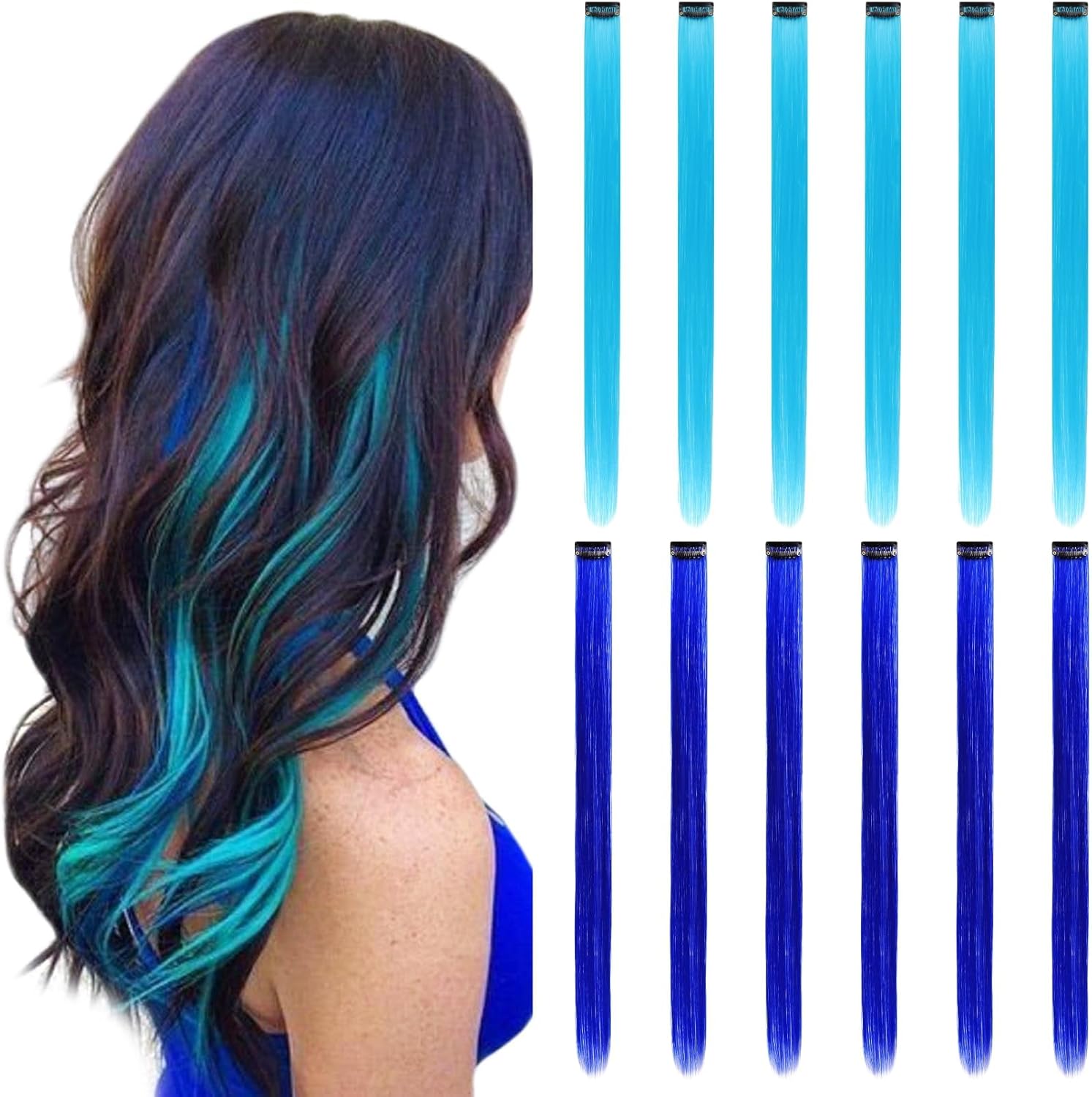 Extensions de cheveux - 12 pièces, bleu et bleu sarcelle, à clipser