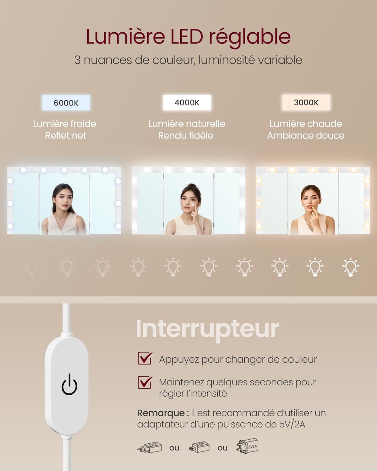 VASAGLE - KAILYN collection - coiffeuse 3 miroirs, 9 tiroirs, multiprise, éclairage LED, blanc - RDT146WB01