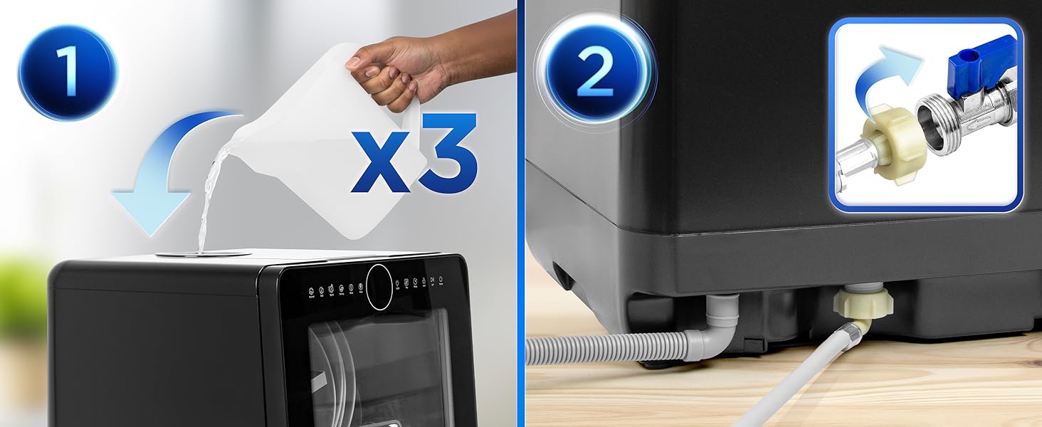 Distributeur d'eau avec filtre. Insérer la cartouche filtrante blanche à la main dans le haut. L'encart montre les composants du filtre. Le texte indique « x3 », ce qui suggère plusieurs filtres ou utilisations.