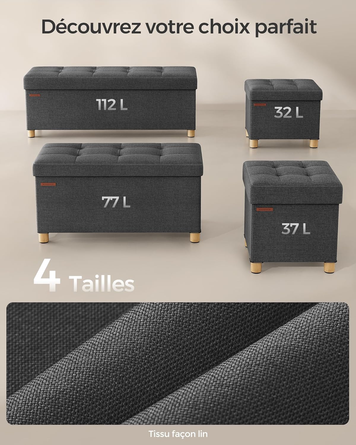 SONGMICS - Tabouret de rangement pliable, 38x76x40 cm, 300 kg, LSF16GYZ