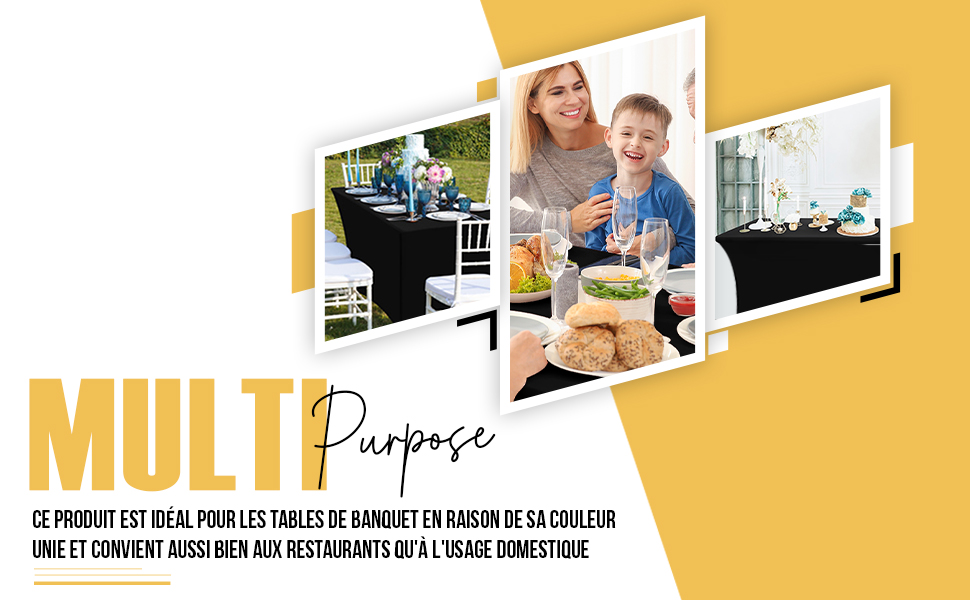 Fond jaune avec texte « MULTI Purpose ». Les images en encart montrent une table à manger extérieure, des personnes en train de manger et un buffet. Suggère une utilisation polyvalente pour les événements