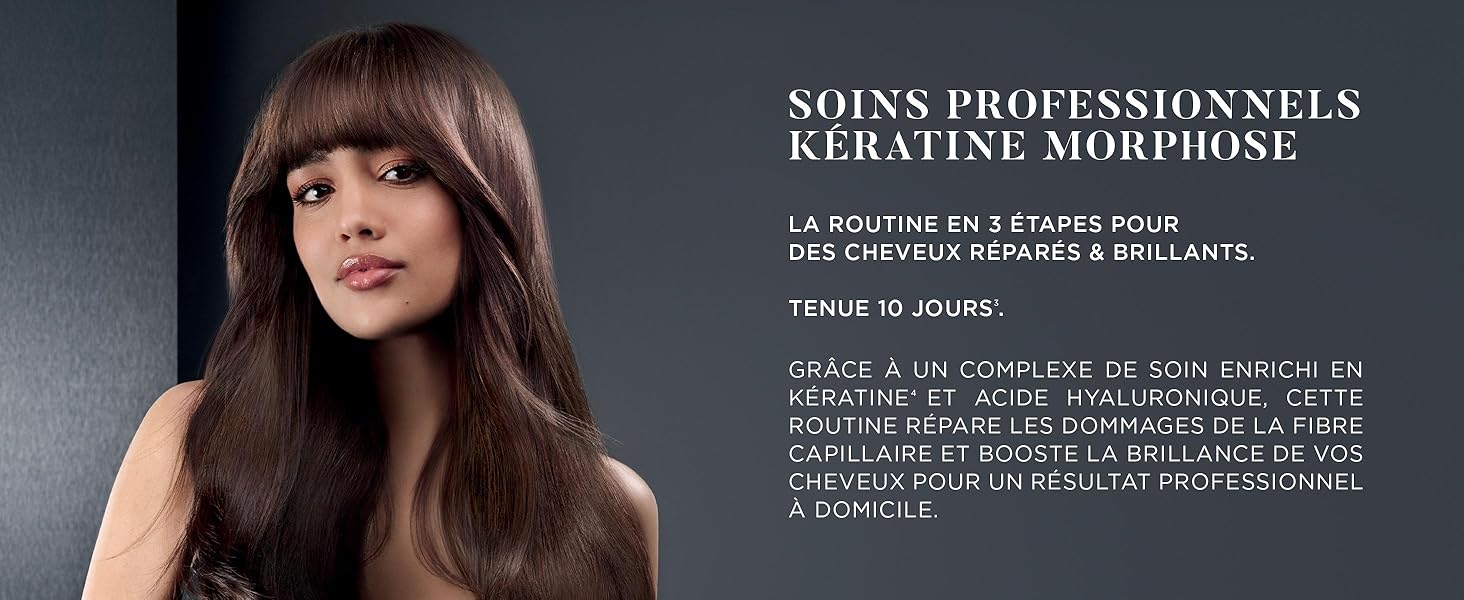 Image marketing de produits capillaires professionnels avec fond sombre. Le texte indique « SOINS PROFESSIONNELS » et « MORPHOSE À LA KÉRATINE » avec les informations sur le produit.