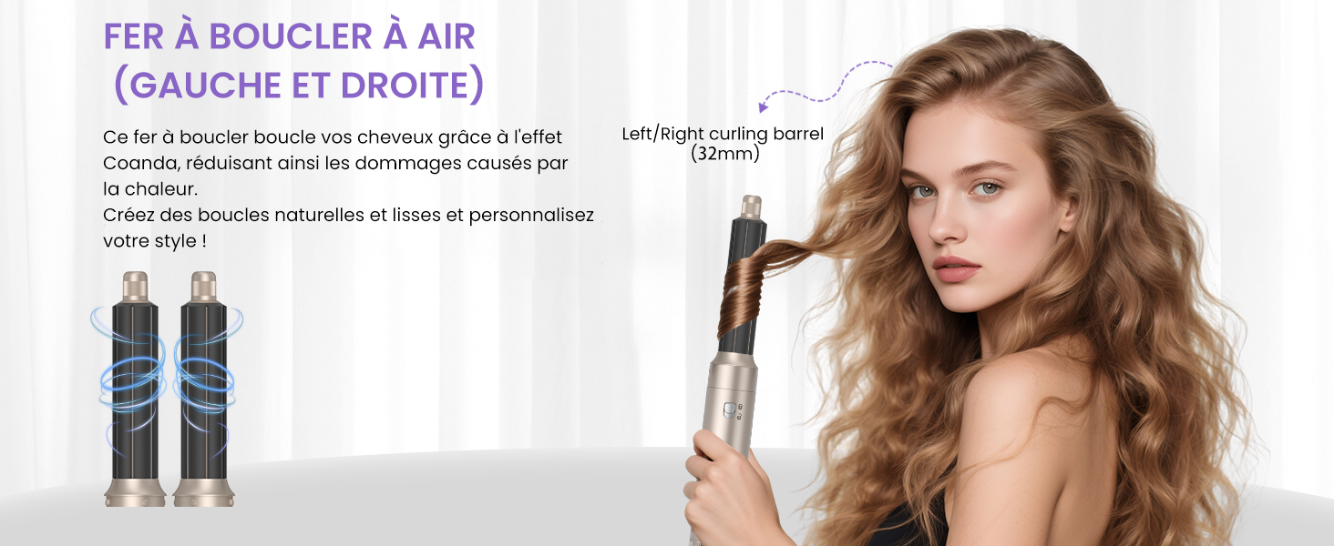 Le texte se lit comme suit : « FER A BOUCLER A AIR (GAUCHE ET DROITE) ». La publicité montre un produit coiffant avec deux outils de coiffure cylindriques bleus. Coiffure ondulée et volumineuse en cours de coiffage.