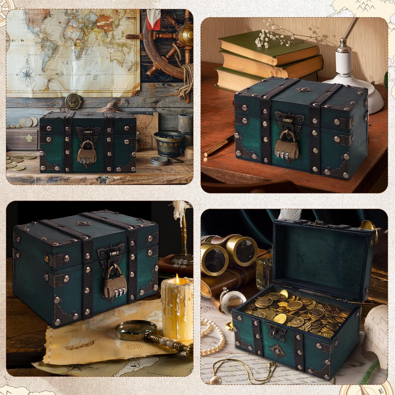 Coffre à trésor en bois vert - cadenas pirate, tiroir à bijoux, tirelire enfant, décoration - avec couvercle