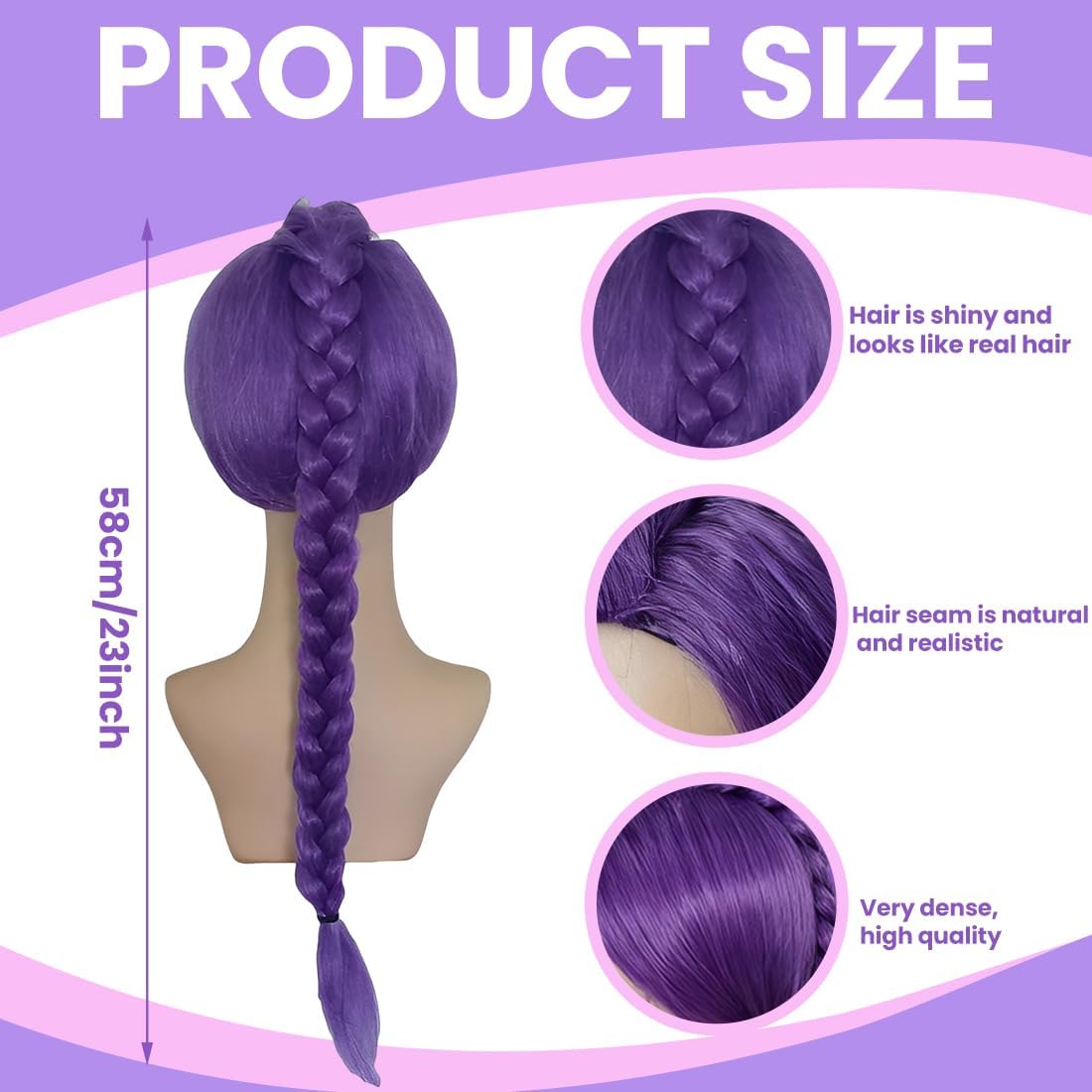 Perruque tressée violette - Cosplay Rumi Hunter - Taille enfant/adulte - Synthétique, accessoires Halloween