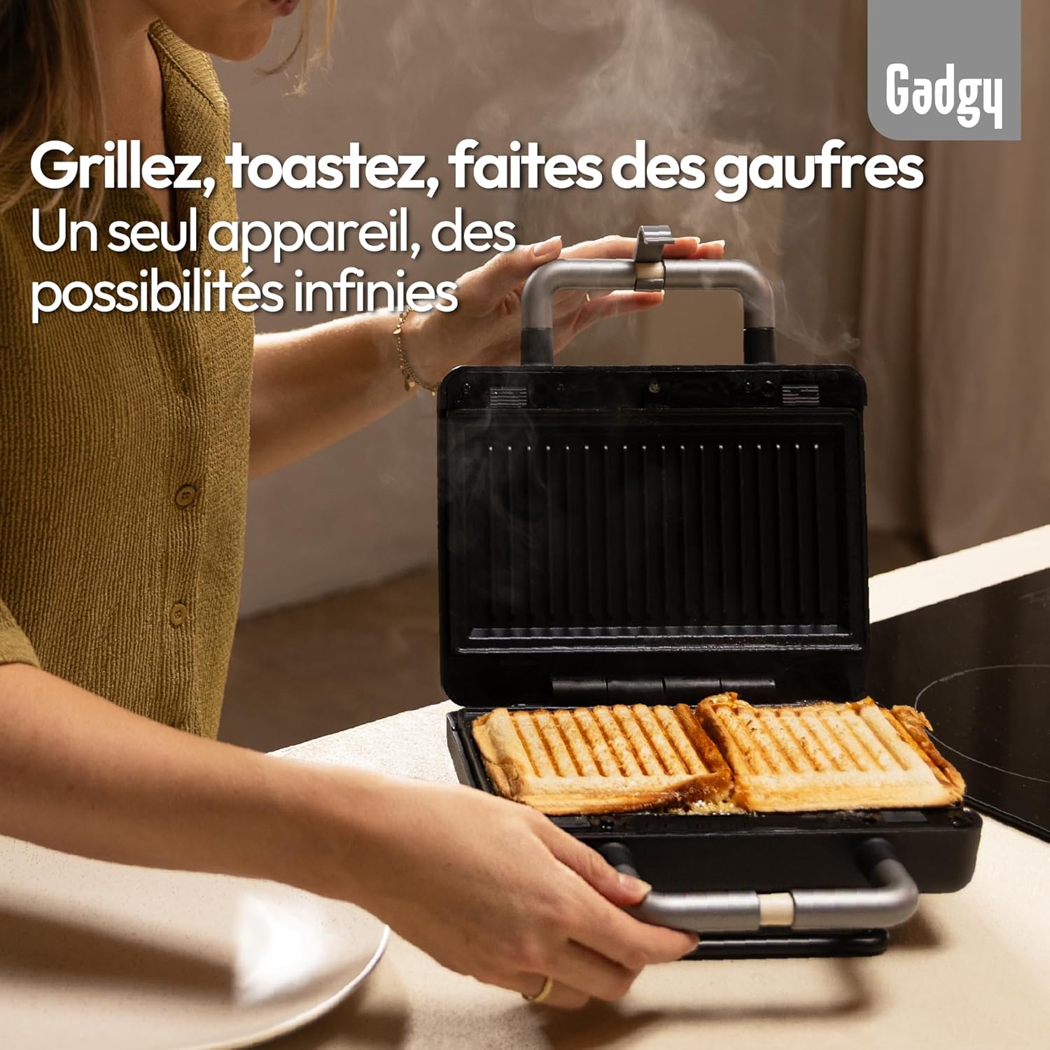 Gadgy - 2 en 1 Gaufrier/Croque-Monsieur - plaques amovibles, thermostat, rangement vertical