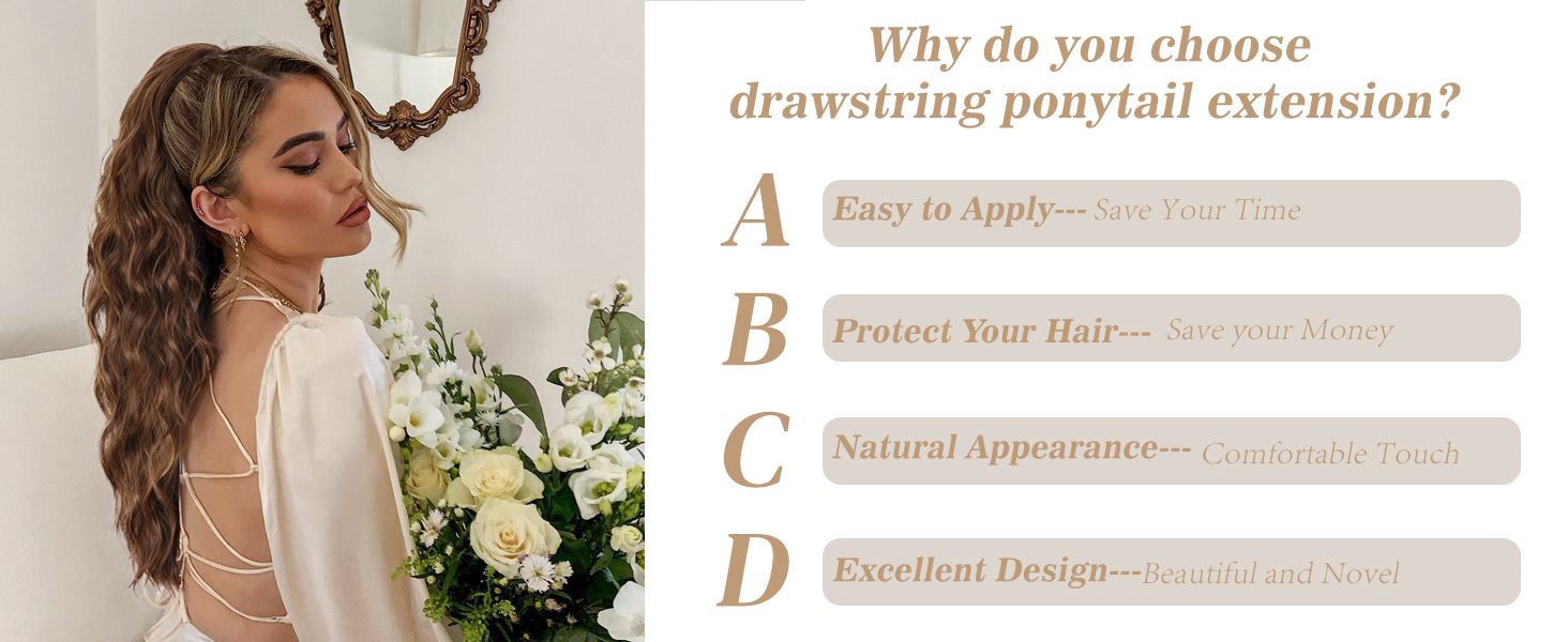 Femme aux cheveux longs et bouclés vêtue d'une robe blanche, tenant un bouquet. Le texte énumère les avantages des extensions en queue de cheval à cordon