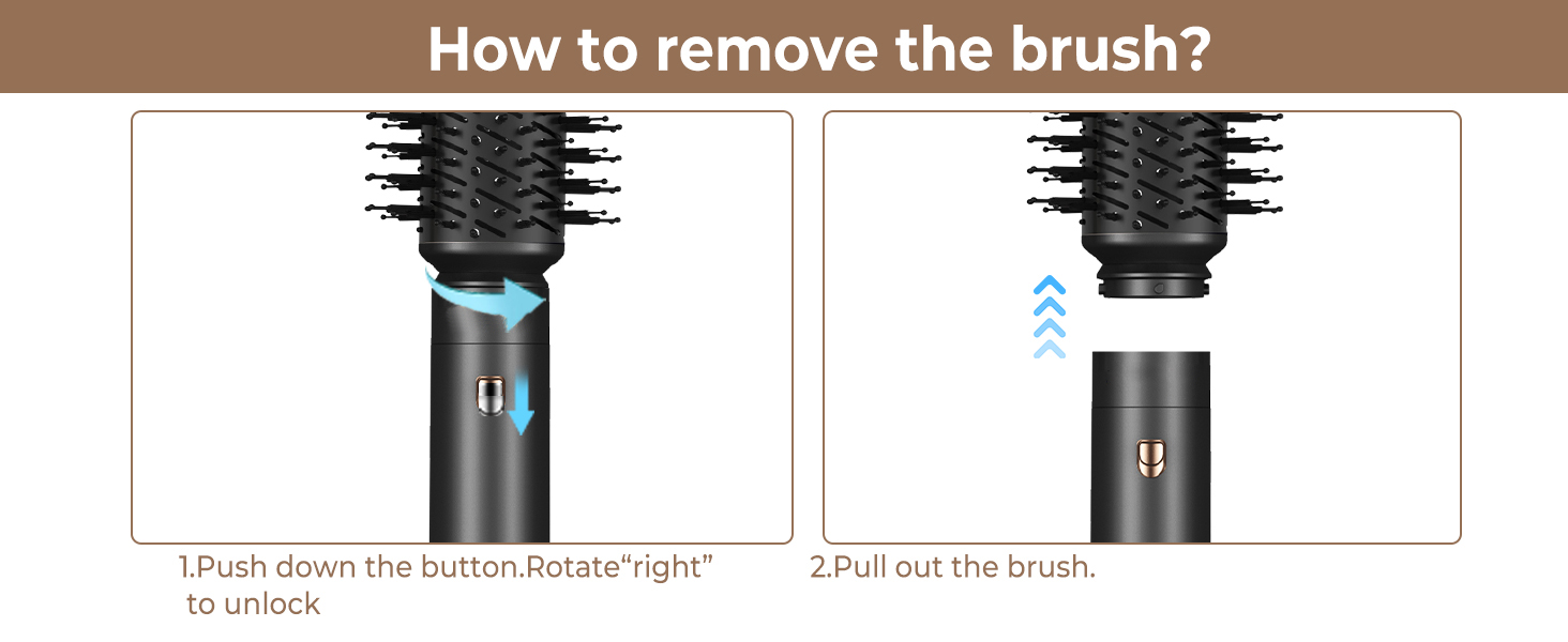 Schéma illustrant le processus en deux étapes pour retirer le pinceau d'un appareil portatif. Étape 1 : appuyez sur le bouton, Étape 2 : retirez la brosse.