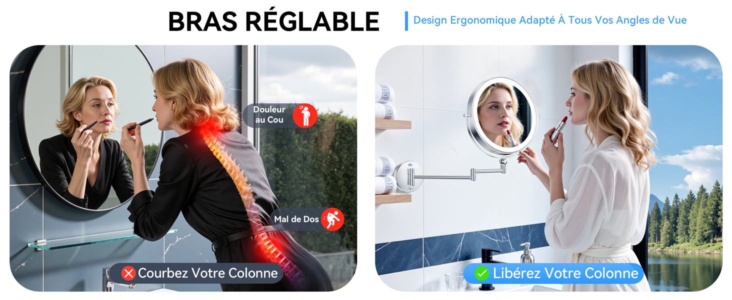 Le texte indique « BRAS REGLABLE ». Plusieurs vignettes vidéo montrant des personnes en plein air semblent provenir d'un cours en ligne ou d'une galerie de didacticiels.