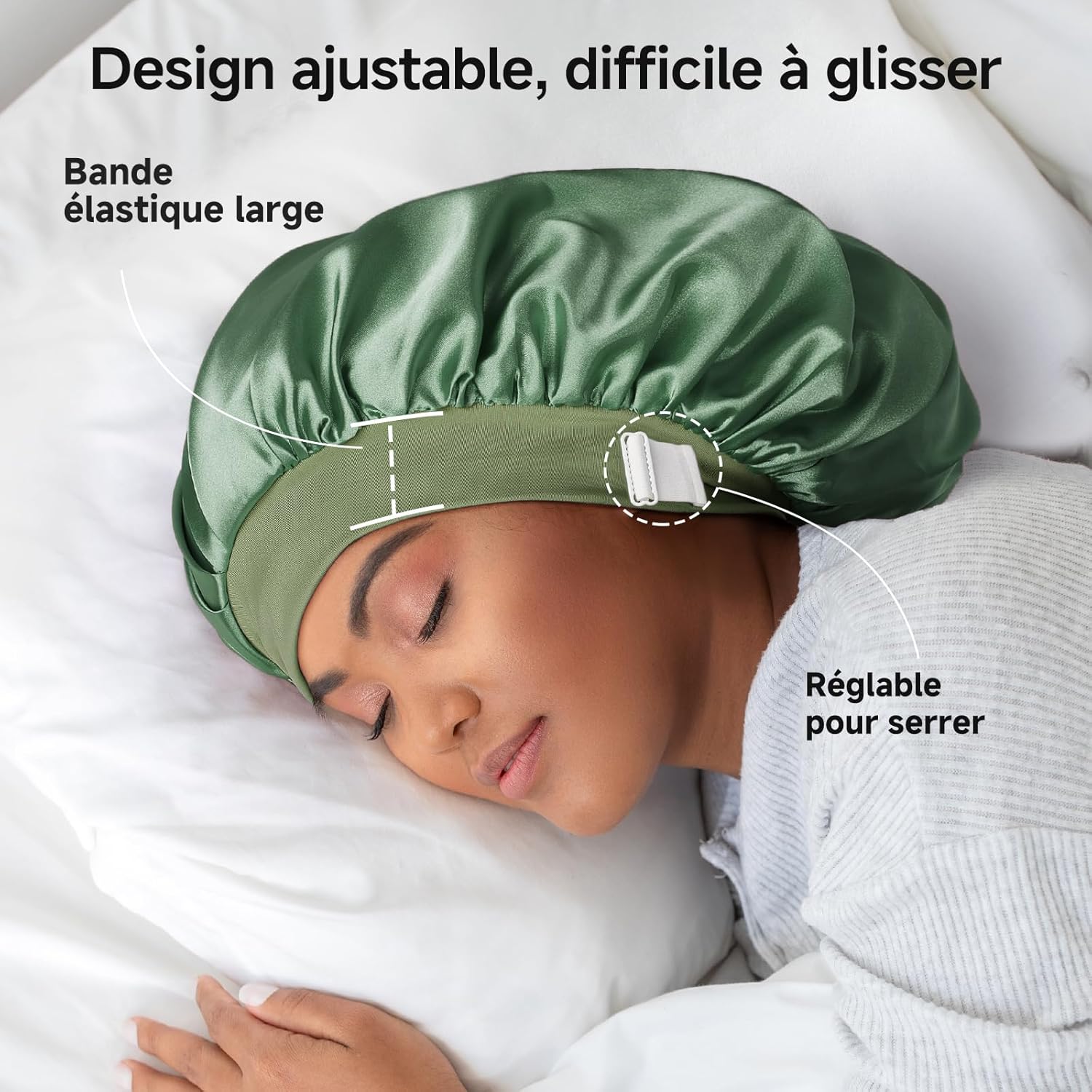 Umisleep - Bonnet nuit soie 22 Momme, double épaisseur, vert, cheveux longs ou bouclés
