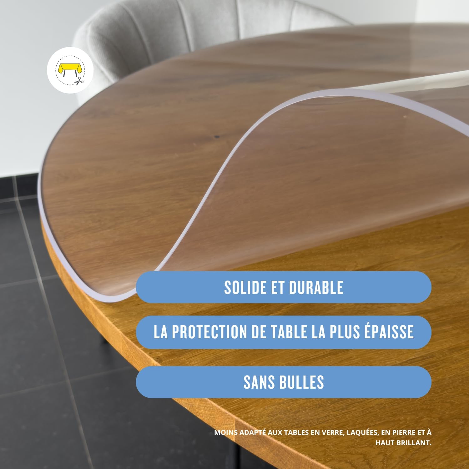 Nappe transparente ronde 85 cm, épaisseur 3mm, bords inclinés, toile lavable