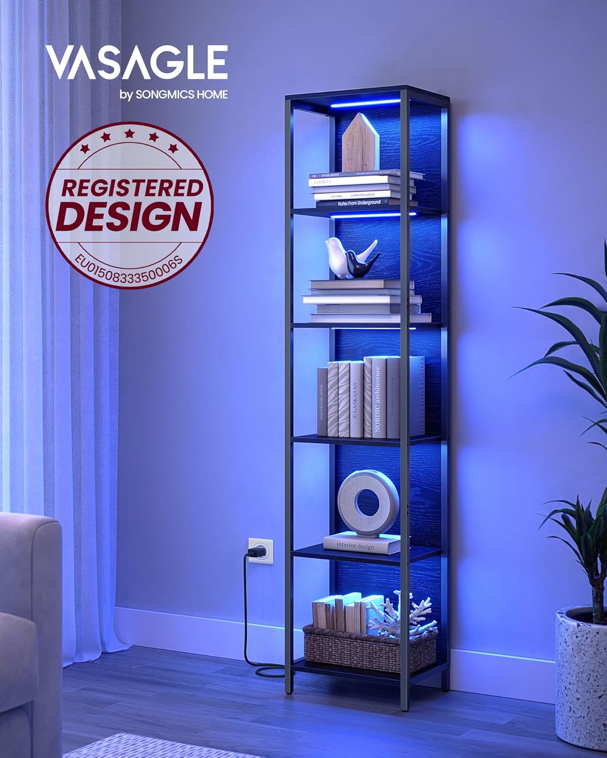 VASAGLE - bibliothèque 6 niveaux, LED réglable, acier, 30,3x40x178,6 cm, LLS121B57