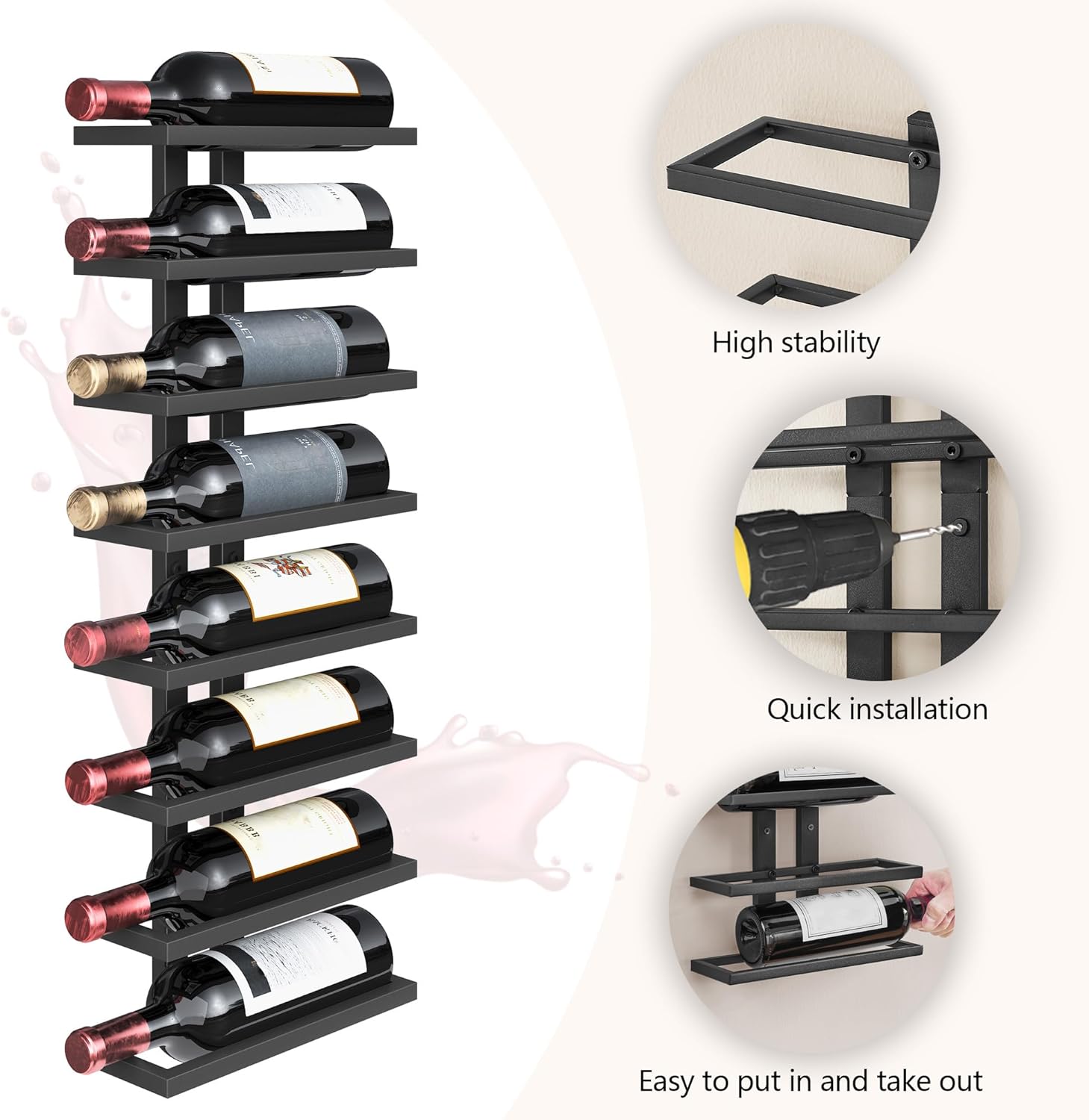 FAVOOSTY - Porte-bouteilles mural 8 niveaux métal, noire, rangement compact