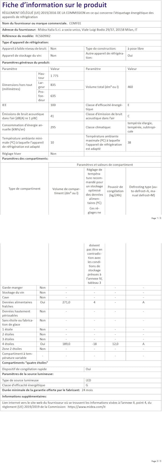 Comfee' - Réfrigérateur américain série Inox, 177,5cm, No Frost, 460L, RCS609IX2