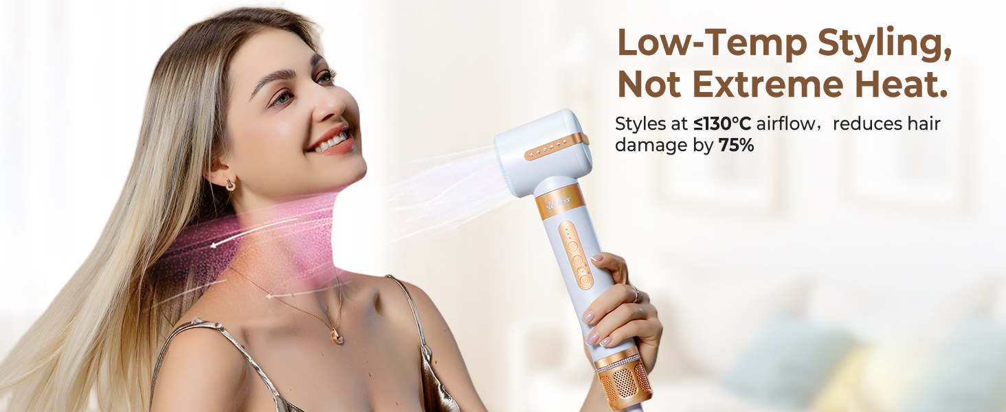 Le texte indique « Style à basse température, chaleur extrême maximale ». Série d'images montrant des cheveux coiffés à l'aide d'un sèche-cheveux ou d'un outil de coiffage violet.