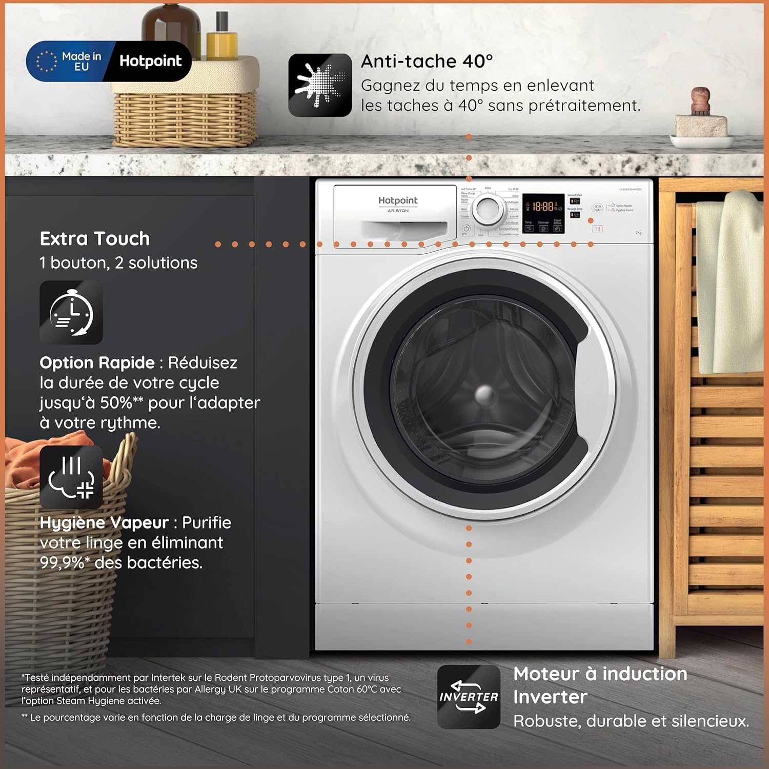 Hotpoint - Lave-linge série NS - 9kg, 1400tr/min, induction, vapeur, classe A - NS9479WWFR