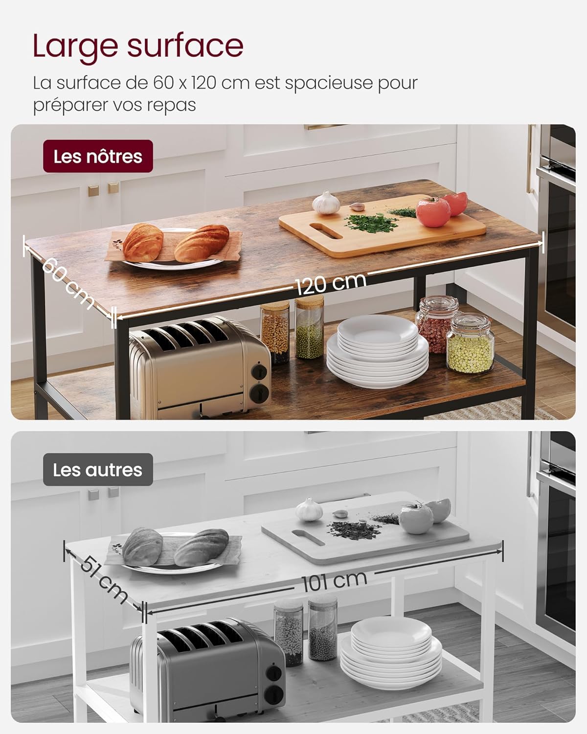 VASAGLE - étagère de boulanger - 120x60x90 cm - grand plan de travail, acier stable, marron rustique