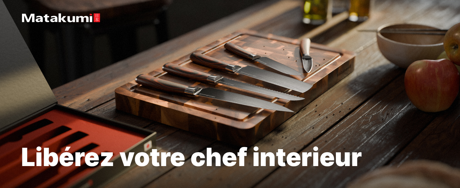 Le texte indique « Matakumi » et « Libérez votre chef intérieur ». Plans rapprochés de la cuisine en bois ou des ustensiles de cuisine disposés de façon artistique.