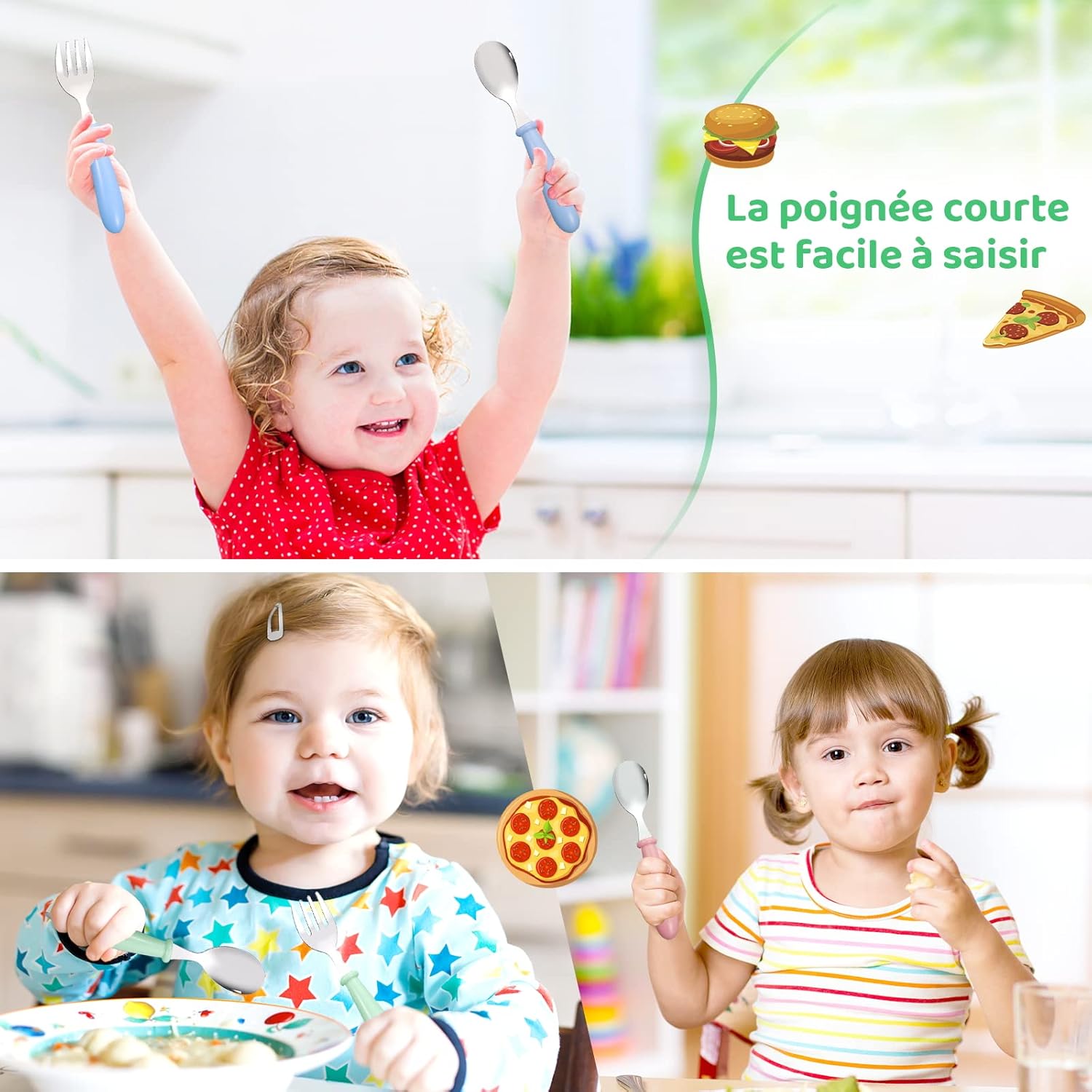 Couverts enfants inox 8 pièces - poignée ronde - coloris variés