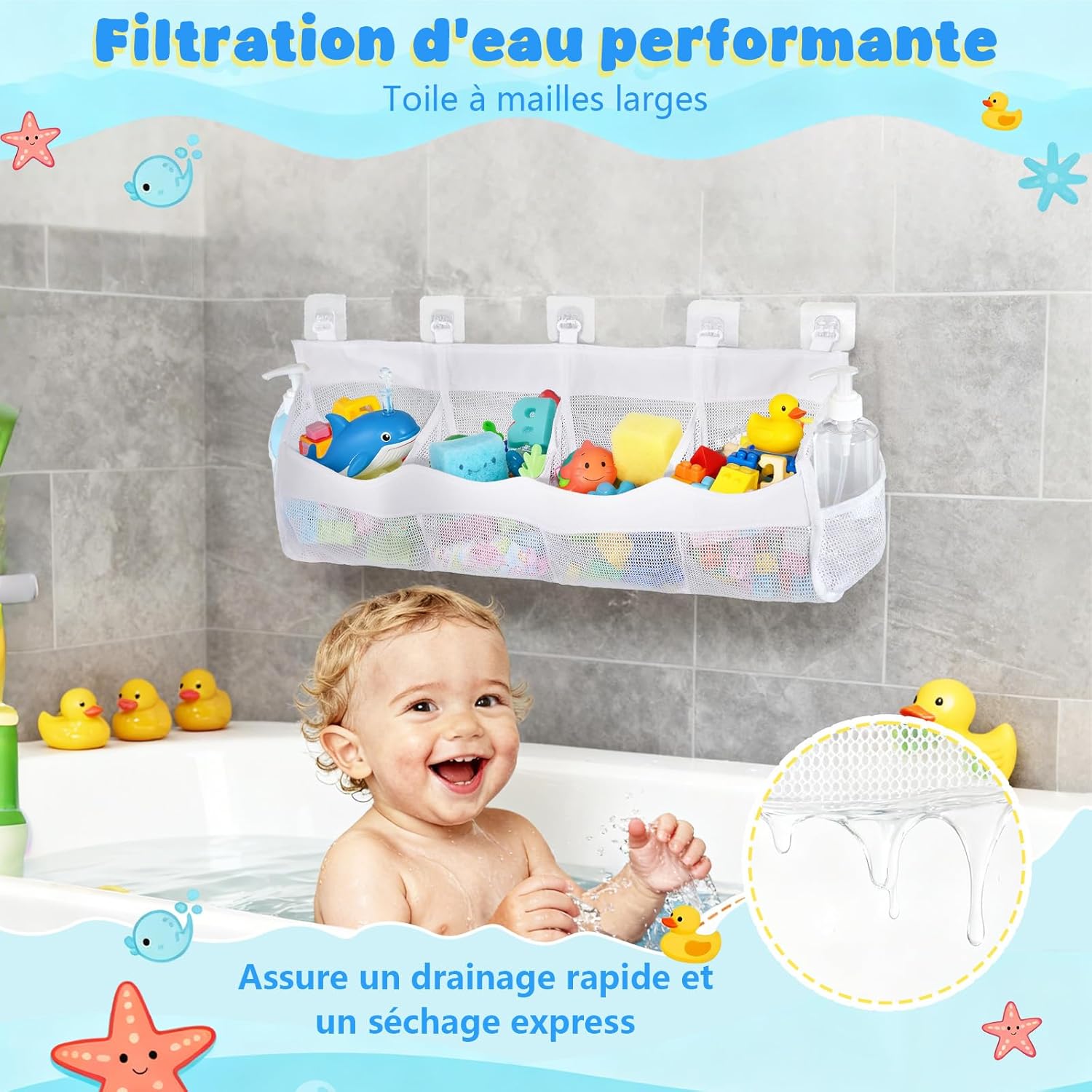 Sac de rangement jouet bain - 4 compartiments - filet blanc suspendu, organiseur jouets, stockage facile salle de bain