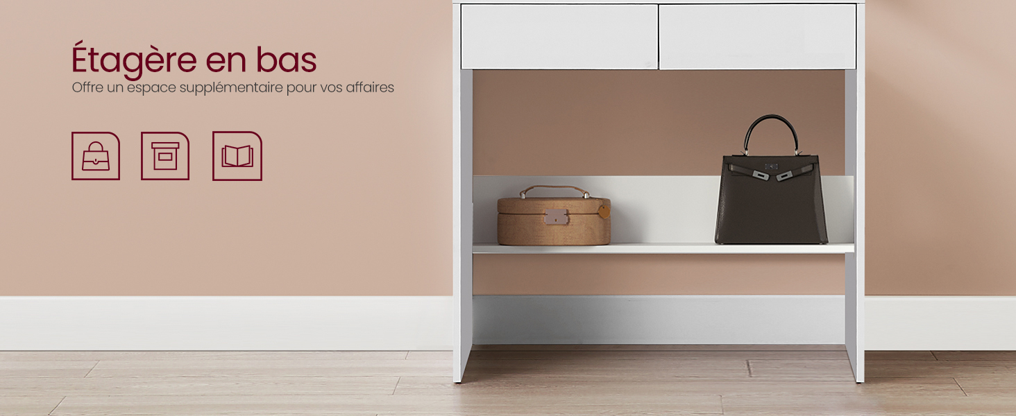 Étagère en bois blanc à deux niveaux contre un mur beige. L'étagère supérieure présente une boîte ronde et un sac à main. Le texte en français décrit le produit.